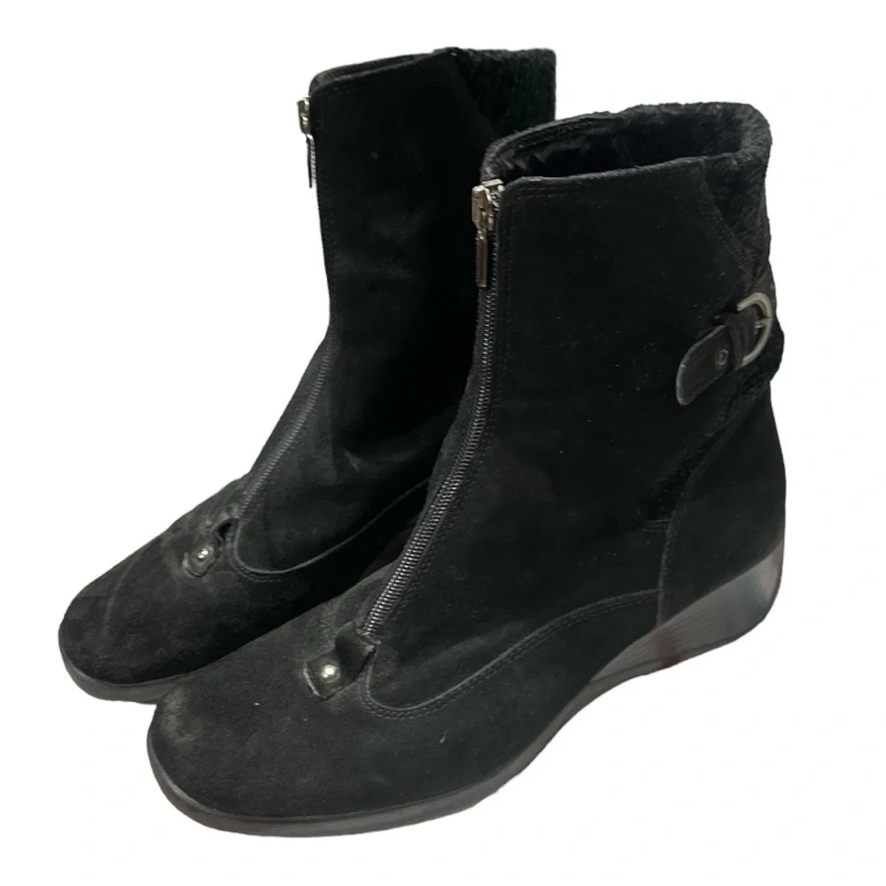 EUC - Aquatalia Black Suede Leather Zip Up Wedge Calf Boots - size 9